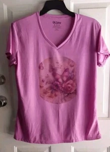 Womens Tshirt Purple Butterflies Size XL V Neck Sublimation Polyester Blend - Picture 1 of 4