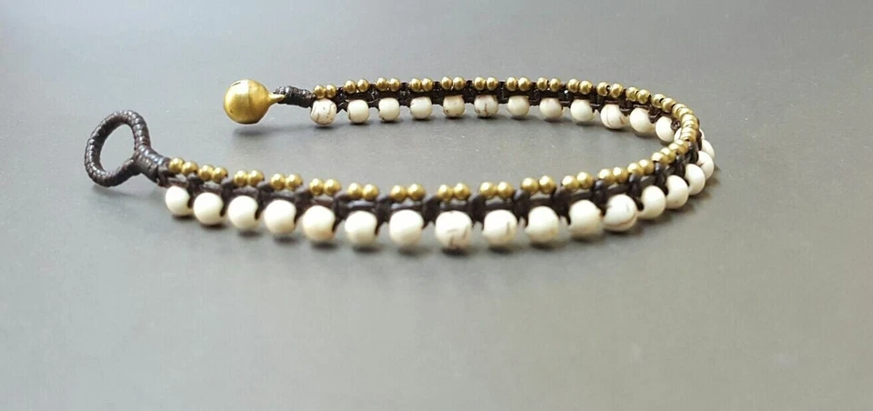 Howlite Stone Mini Brass Woven Bracelet Anklet, Beaded Bracelet,  - Image 1 of 1