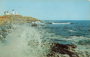POSTCARD Surf at Nubble Light, York Beach, ME Maine ~ Lighthouse, Ocean, Sea - Picture 1 of 2