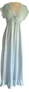 Vintage Powder Blue Nylon Lingerie Gown, Long V Neck Rikki New York M, Ruffle V - Picture 1 of 4