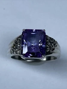 DIAMONIQUE Sterling Silver 3.5 ct. 10x8.5mm Sim Amethyst & CZ’s Cocktail Ring 8 - Picture 1 of 11