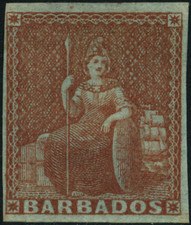 Barbados 1852 'Sitzende Britannia' geschnitten, MiNr 3 x mit Falz MH