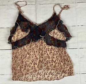 FREE PEOPLE Blue Beige Ruffle All Things Crinkle Chiffon Tank Top Large EUC - Picture 1 of 7
