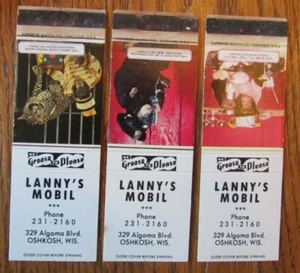 LANNY'S MOBIL GAS STATION 1970s MATCHBOOK MATCHCOVERS: OSHKOSH, WISCONSIN -E15 - Picture 1 of 2