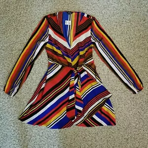 EXPRESS NEW S, M STRIPED KNOTTED V-NECK ELASTIC WAIST DRESS COLORFUL LONG SLEEVE - Picture 1 of 9