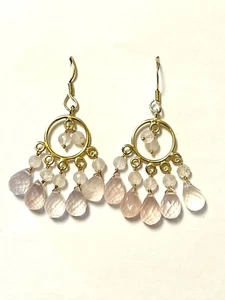 Sterling Silver 18K YG Handmade Rose Quartz Chandelier Earrings - Picture 1 of 6