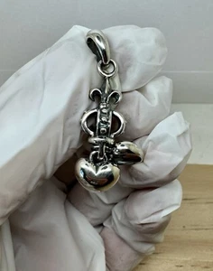 Fleur De Lis Crown Two Heart Charm Pendant Oxide 925 Sterling Silver Solid 6.8g - Picture 1 of 17