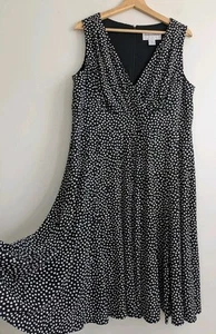 Y2K Jessica Howard Jersey Knit Dress Black Polka Dot Fit Flare Midi Classic 16W  - Picture 1 of 13