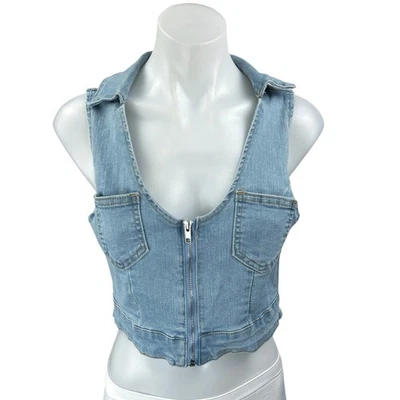 Camiseta sin mangas con cuello de cremallera sin mangas con bolsillos de parche de mezclilla Jean chaleco corto para mujer M Foto 1 de 3