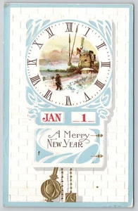 Cartolina d'epoca scena invernale orologio mulino a vento in rilievo - Foto 1 di 2