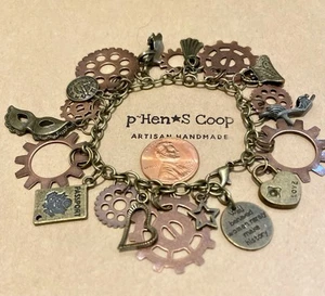 Charm Bracelet Steampunk Gears Mixed Media Altered Art Artisan 6.5-7” USA 2015 - Picture 1 of 6