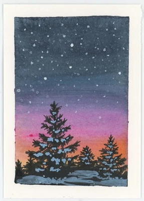 Snowy Forest Sunset Painting, ACEO Original (NOT A PRINT), 2.5x3.5, Signed - Image 1 of 3