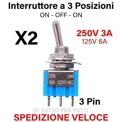 2x Interruttore a 3 posizioni a levetta Deviatore ON-OFF-ON 3 Pin Leva 250V 3A - Immagine 1 di 4