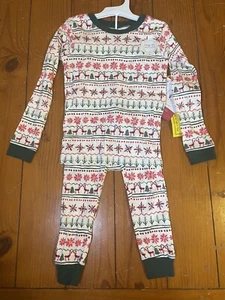 NWT Burts Bee Kids Size 4 Creme with Blizzard Fair 2pc Pajama Set Snug Stretch - Picture 1 of 4