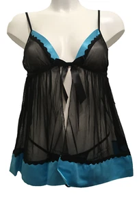 Juego de camisola y tanga Vacari negra y turquesa talla grande 14-16 malla y satén  - Imagen 1 de 10