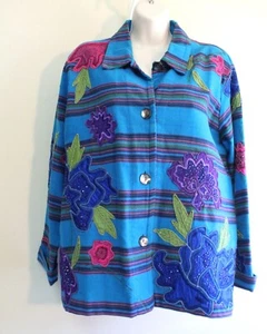 Chicos 2 Womens M L XL Statement Jacket Button Woven Cotton Applique Floral L/S - Picture 1 of 7