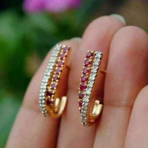 2Ct Round Cut Lab Created Red Ruby Huggie Hoop Earring 14K Yellow Gold Plated - Picture 1 of 4
