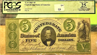 T-33 Sep. 2 1861 $5 Confederate States of America PCGS VERY FINE VF 25 - NT1247 - Image 1 of 2