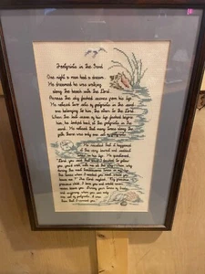 (176b) Cross Stitch FOOTPRINTS IN THE SAND Poem Completed Framed 14x20 - Imagen 1 de 4
