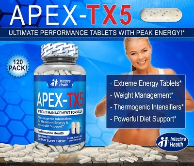 Píldoras de dieta termogénicas APEX TX5 Peak Energy - 120 tabletas blancas/azules Foto 1 de 4
