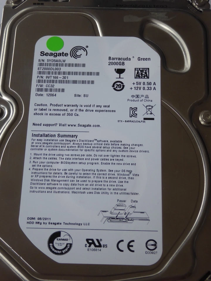 ST2000DL003 SN: 5YD PN 9VT166-301 FW CC32 SU 08/2011 Seagate Barracuda Green 2TB - Bild 1 von 1