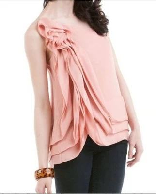 BCBGMaxAzria Blush Pink One Shoulder 100% Silk Ruffle Blouse Top Size S - Image 1 of 4