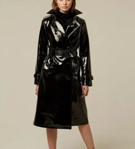 Women's Black PVC Vinyl Shinny Trench Jacket Glossy Coat Raincoat Waterproof - Picture 1 of 5