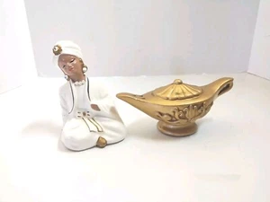 VTG MCM Enesco Large Ceramic Genie & Lamp Aladdin Salt Pepper Shakers Japan - Picture 1 of 16