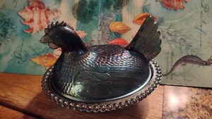 Vintage Iridescent Blue Glass Covered Dish Kitchen Chicken/Hen on Nest - Useful! - Picture 1 of 10