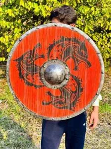 Knight Handmade 24" Red & Black 3 Face Dragon Round Wooden & Steel Shield - Picture 1 of 6
