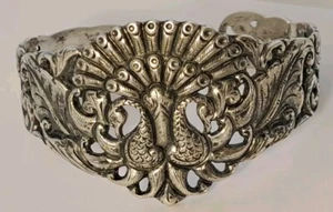 VTG 800 Silver Ornate Peacocks Intricate Floral Design Cuff Bracelet Handmade - Picture 1 of 9