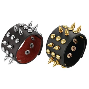 Wide Leather Bracelet For Men Rivet Spike Stud Punk Biker Cuff Bangle Wristband - Picture 1 of 13