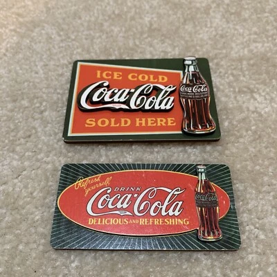 Coca-Cola Lot of 2 Wooden Fridge Magnets Ice Cold Sold Here Delicious Refreshing - Image 1 of 4