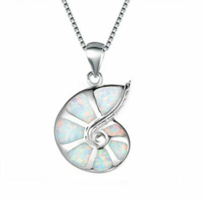 New Silver Simulated White Fire Opal Sea Shell Seashell Necklace & Earrings Set - Image 1 of 2
