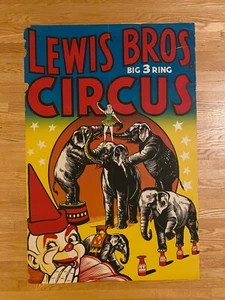 Poster Lewis Bros Big 3 anelli elefanti da circo 26" x 39" a colori arte vintage - Foto 1 di 12