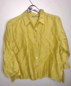 Chicos Linen Blend Blouse Top 2 Yellow Button Up Collar Minimalist Lagenlook XX - Picture 1 of 5
