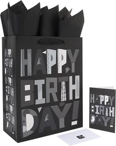 13” Large Black Happy Birthday Gift Bag Set with Handles, Greeting Card, Tissue  - Picture 1 of 12