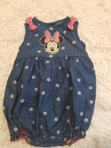 EUC Baby Mädchen Disney Minnie Mouse Denim Bubble Shortall Strampler Gänseblümchen 6/9 m - Bild 1 von 9