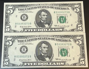 (2) 1969 $5 Federal Reserve Notes Crisp Uncirculated Consecutive Serial # NY B - Picture 1 of 3