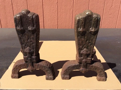 Antique Pair of Art Deco Vintage Cast Iron Wonderful Fireplace Andirons Cover