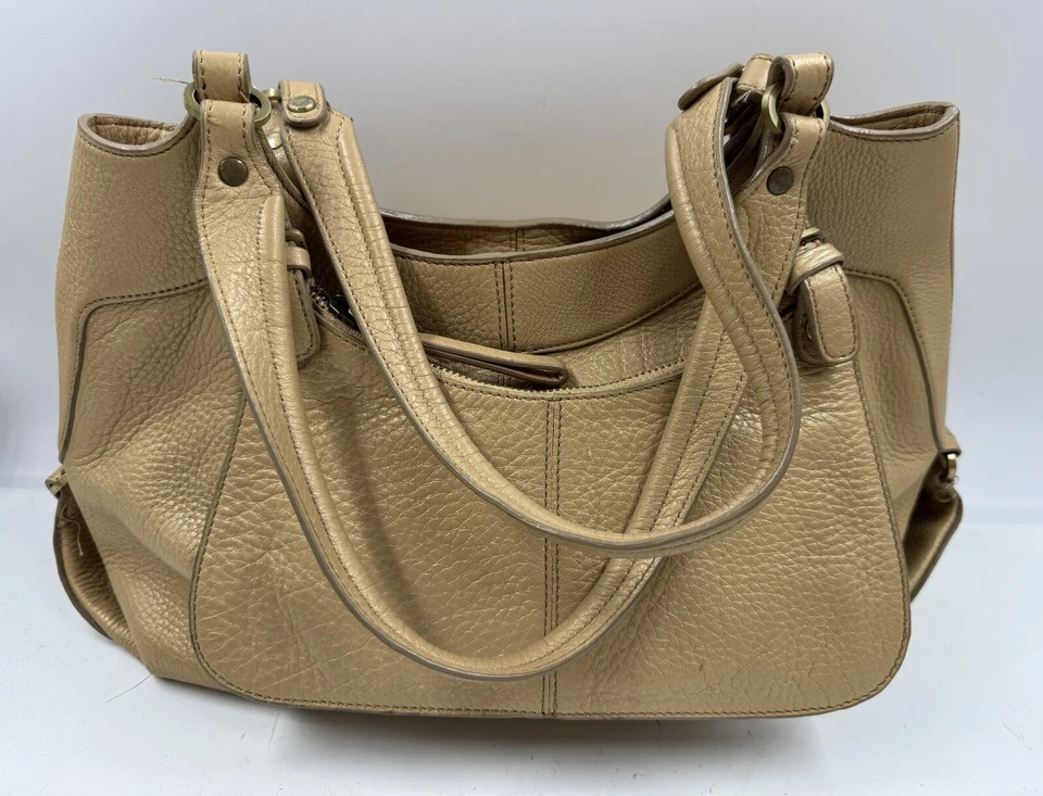 Monsac Handbag Women's  Beige Leather Zipper Pockets Double Handles Shoulder Bag - Image 1 of 4