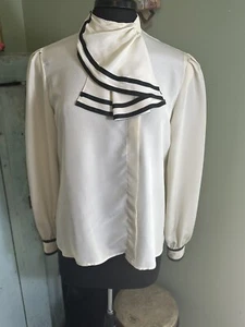 Vtg 1980's Pogia by D. Polimeni Cream Black Trimming Blouse Scarf Women's 12 - Picture 1 of 10