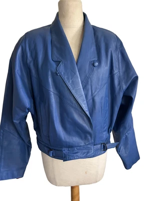 De colección Años 80 PELLE CUIR Doble Pecho Cinturón AZUL Cuero Chaqueta Almohadilla para el Hombro Foto 1 de 4