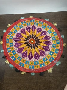 Verziertes aufwendiges indisches besticktes verspiegeltes buntes Design Kreis Kissen 18 Zoll - Bild 1 von 4