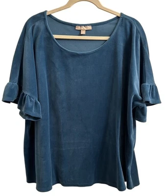 Top de terciopelo con mangas con volantes azul verdoso Woman Within talla grande 1X Boho Foto 1 de 4