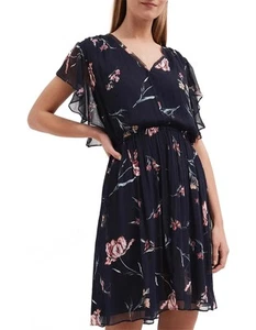 Witchery Dress Sz 14 navy blue v-neck lined floral ruffle short sleeve womens - Picture 1 of 11