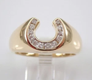 14K Yellow Gold Plated Real Moissanite Round Cut Men's Horseshoe Ring Silver - Picture 1 of 7