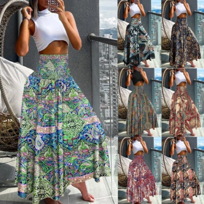 BOHO Women High Elastics Waist PRINT Gypsy Maxi Skirts Long Summer Holiday Dress - Image 1 of 4