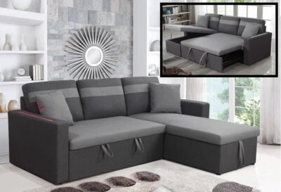 Divano letto contenitore, reversibile angolare, led, microfibra grigio chaise lo - Immagine 1 di 4