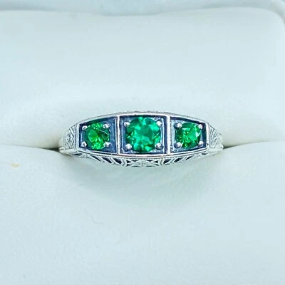 Natural Emerald Ring, Art Deco Sterling Silver Filigree (Custom Made)#D210 - Image 1 of 4